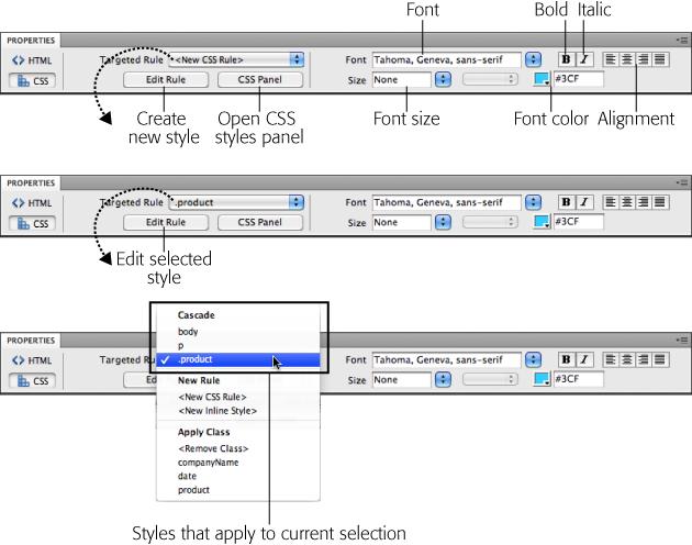 The Property inspector's CSS mode either creates a new style when you select a formatting option like font size (top) or it adds the formatting property to an already existing style (middle). You can tell which action Dreamweaver will take by looking at the Targeted Rule menu—if it says <New CSS Rule>, Dreamweaver lets you create a brand new class, tag, ID, or other style. However, if a style name (like p or .copyright in the middle image) appears in that menu, you're editing an already existing style. If you want to create a new style, select <New CSS Rule> from the menu before you select a formatting option. Normally you want to avoid the <New Inline Style>, since this adds CSS directly to an HTML tag, making the web page's file size larger and the file slower to load and harder to update. However, inline styles come in handy when you need to create HTML emails, since that's the most reliable way to add CSS to an email message.