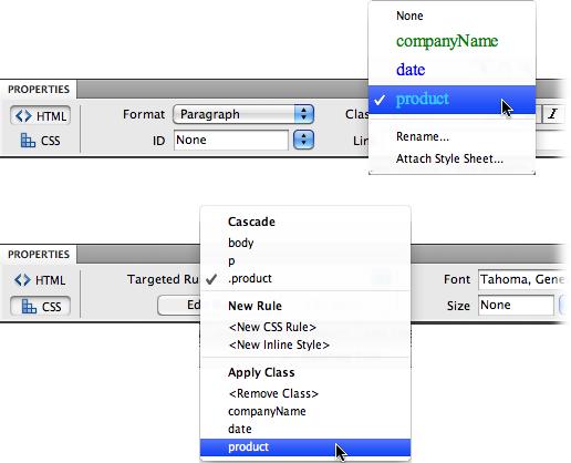 The easiest way to apply a class style is through the Property inspector. For non-text elements like images or tables, a Class menu appears in the top right of the Property inspector. For text, you apply class styles by using either the Class menu if the Property inspector is in HTML mode (top) or the Targeted Rule Menu when it's in CSS mode (bottom). Dreamweaver uses only the bottom section of the Targeted Rule Menu (the stuff below "Apply Class") to add (or remove) a class from a text selection. The other items listed let you create new styles, or view the styles that apply to the selection.