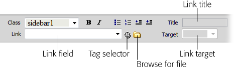 The Property inspector provides three ways to add links to a web page: the Link field, the "Point to file" tool, and the "Browse for File" button.