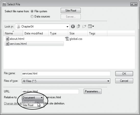 In Windows, the Select File dialog box lets you browse your computer to select the target file for a link. When you set up your site, you can tell Dreamweaver whether to use document- or site root-relative links (see Figure 5-1.) However, if you ever find the need to temporarily switch to a different type of link (to root-relative, for example, if you set up your site to use document-relative), use the "Relative to" pop-up menu (circled). You probably won't ever need to do this, but Dreamweaver gives you the option.