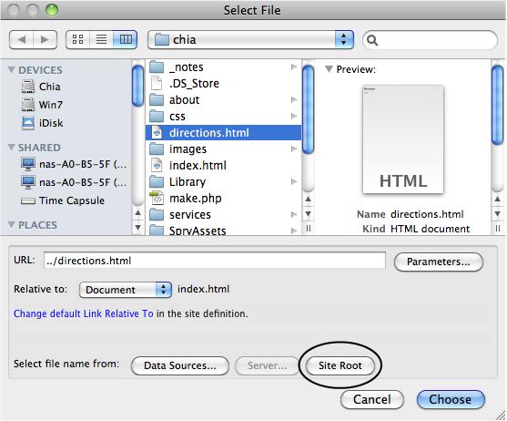 Every file in a website needs to be somewhere inside what's called a local root folder (see the box on page 42). This master folder holds everything on the site, including other folders with other files. Because it's so central to your web files, Dreamweaver includes a Site Root button (circled) to every window that requires selecting or saving a file. (This example shows what you see on a Mac; on Windows computers, the button's at the top of the window as shown in Figure 5-4.) Click this button and you jump straight to your site's root (so you know exactly where you are on your hard drive), making it easy to navigate to the file you need.