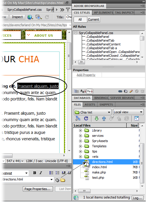 In this figure, select some text (circled) in the document window that you want to turn into a link. To link to another page, drag from the Point-to-File icon (the bull's-eye icon in the Property inspector) to a web page in the Files panel (right). In this example, Dreamweaver creates a link to the web page called directions.html. You could also Shift-drag from the selected text to the page directions.html in the Files panel to create the same link.