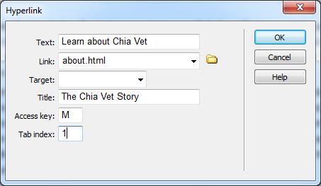 You can apply everything, except the "Access key" and "Tab index" properties, shown in this dialog box to an image or existing text using the Property inspector. Also, keep in mind one somewhat special case: If you want to add an Access key and Tab index to an already existing link, you have a couple of options: go into Code view (as described in Chapter 11) and hand edit the HTML, or use the Tag inspector to access all the properties available to a particular link. (For details, see page 440.)