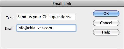 The Email Link dialog box lets you specify the text that appears in the email link and in the email address. You can also select some text you've already added to the document and click the Email Link icon on the Objects panel. The text you select appears in the Text field in this dialog box.