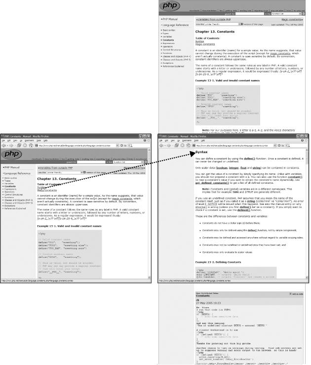 To make it easy for visitors to navigate long web pages, you might list the contents for that page first, and use anchor links within each entry so that, when a visitor clicks a link (left) she jumps down to the appropriate section of the page (right).