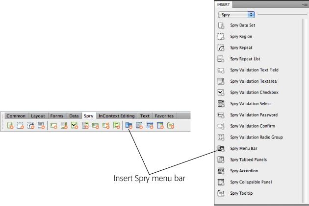 The Insert Spry Menu button appears on the Insert panel. You can find it either under the Spry category or the Layout category. Here, you can see the Spry category of the Insert Panel in both Classic View (left) and the normal view (right). You'll find information on Classic View in the note on page 35.