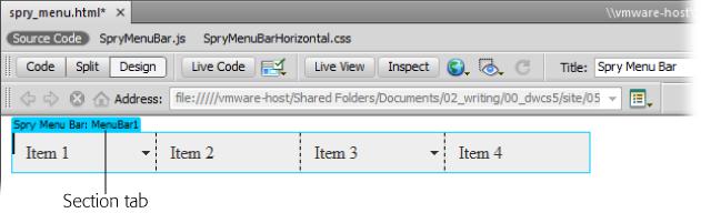 The Spry menu tab and the blue outline around the menu appear only when you move your mouse over the menu, or click anywhere inside it. Click the blue Selection tab to edit the menu. If you can't see the blue tab, turn on the "show invisible elements" setting: Choose View Visual Aids and make sure you have Invisible Elements checked and Hide All unchecked.