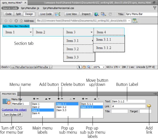 Dreamweaver provides a generic name for each Spry menu it inserts—like MenuBar1. There's no harm in leaving that name (you'll never see it on the page), but feel free to change it to something more descriptive like mainNavigation. The only requirement is that you use only letters and numbers, and no spaces or punctuation (the naming rules are the same as for class styles, as described on page 114).