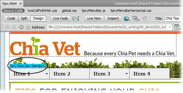 The Spry Menu Bar starts life with four plain-looking buttons. Item 1 and Item 3 each have a down-pointing arrow icon, indicating that a pop-up menu will appear when visitors mouse over either of them.