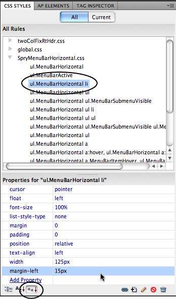 When you select a style name in the Styles panel, all of its properties appear in the Properties pane in the bottom half of the panel. To see only the properties currently set for the style, make sure you have the "set properties" button (bottom circle) pressed. Click any value (for example, "125px" in the width field here) to edit the CSS property.