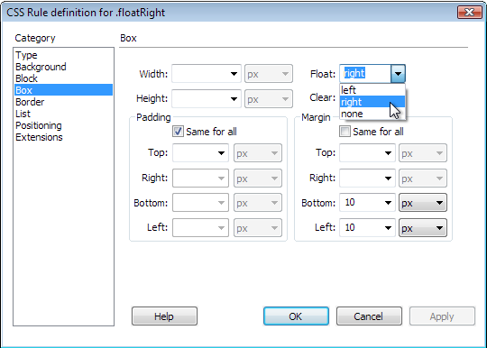 The Box category contains some of the most-used CSS properties: the Float property to align images and other page elements to the left or right; the Margin property to add or remove space between elements (like adding space between the edge of a right-floated image and the text that wraps around the image); and the Padding property to add space between the content within an element and the edges of the element.