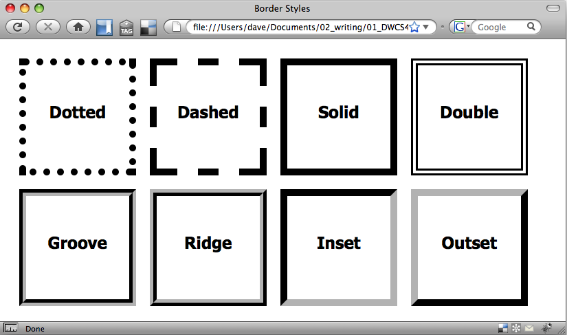 CSS provides eight border styles. Some, like "double", "ridge", and "groove", look good only with a thick border (more than 1 pixel).