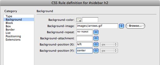 The CSS Background category lets you specify a background color and image for a style. While you won't frequently apply a background color to an image (after all, the image would usually cover up anything behind it), it can come in handy when you use it with the padding property (see page 341) to create a customized "mat" color.