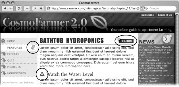 Background images aren't just for the body of a web page. You can apply styles that include background images to any page element, including links, headlines, and paragraphs of text. The circled graphics in this image are just a few examples of background images, here displayed just once.