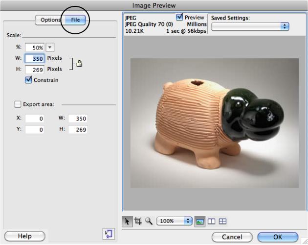 When you import an image from Photoshop, you can generate a file that's much leaner, size-wise, than the original. The File tab of the Image Preview window lets you resize the imported image's physical dimensions, thereby creating a smaller file while leaving the original Photoshop file untouched. In addition, you can import a specific area of the image by checking the "Export area" box, and then specifying a width, height, and starting position for the portion of the image you wish to extract. Use the X box to specify how many pixels you want to exclude from the left edge of the image, and the Y box to specify the number of pixels to crop from the top. For example, if you type 100 in the X box and 50 in the Y, the exported image crops 100 pixels from the left side of the image, and 50 pixels from the top.
