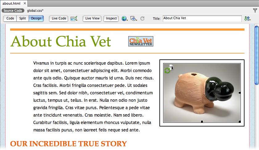 A floated image, like the Chia Hippo here, adds a professional, magazine-like quality to a web page. Of course, it would probably look a lot more professional if it weren't a picture of a terra-cotta hippo.