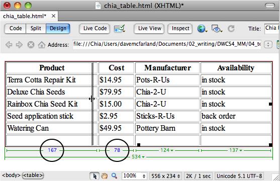 As you drag the border between cells, Dreamweaver shows you the changing widths of the two adjacent cells in real time. The width values change to blue and update themselves as you move your mouse.