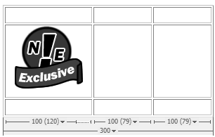 Because a Web browser can't shrink the image or hide part of it, the cell has to grow to fit it. That first column of cells is now 120 pixels wide; the other two columns must shrink in order to keep the table 300 pixels wide. The numbers at the bottom of each cell indicate its width as set in the HTML—100—and the actual width as displayed in Dreamweaver in parentheses (120, 79, and 79).