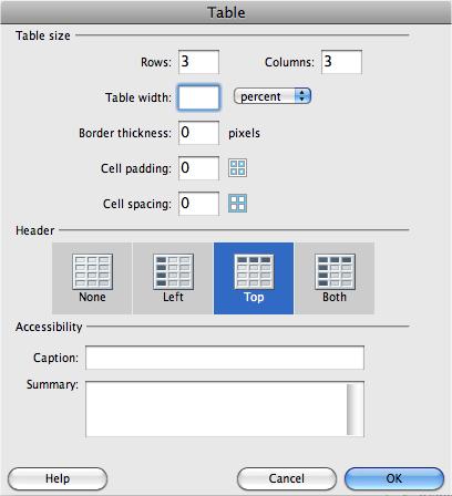 Inserting a table into a Web page is a matter of making a few choices in the Table dialog box. Any text you type into the Summary box doesn't appear in a browser window, so you probably won't use this option frequently. It's intended to explain a particularly complicated table to non-visual web browsers (like Google's spidering software or a screen reader used by the visually impaired).