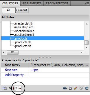 When you select a style in the "All" view of the CSS Styles panel, the properties for that style appear in the Properties pane below. In this case, you selected the style .products and Dreamweaver displays its two properties (font-family and font-size). You can add more properties by clicking the Add Property link. There are actually three views to the Properties pane, but it's most useful to see just the currently set properties. Click the "Show only set properties" button (circled) for the view above. (You'll learn about the Properties pane in depth on page 304.)