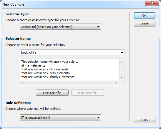 The Compound selector option lets you type any valid CSS selector in the Selector Name box. You can even create class, tag, and ID styles after choosing the Compound selector option. For a new class, type the name of the class preceded by a period, like this: .copyright. To create a tag style, type the tag name without brackets: p for the <p> or paragraph tag, for instance. And, to create a new ID style, type the # symbol followed by the ID name: #mainContent, for example.