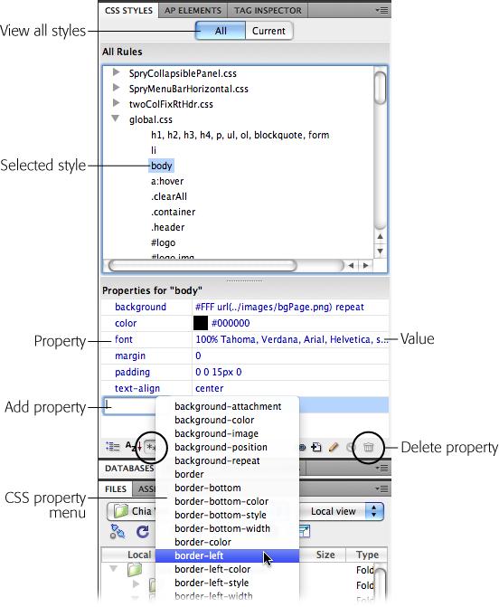 The CSS Styles panel has two views: All (shown here) and Current. The Properties pane is available in both views, but you access it slightly differently when you're in Current view (see Figure 8-9). With the All button selected, as it is here, you can click any style from the list of CSS styles ("body" in this case) and use the Properties pane to add and edit properties. The "Show only set properties" view of the Properties pane, which you access by clicking the icon circled in this figure, provides a clear view of a particular style's properties. You can quickly see which CSS properties the style uses, and delete or edit them. You can also add a new property by clicking the Add Property link (hidden behind the pop-up menu) and selecting the new property's name from the CSS property menu.