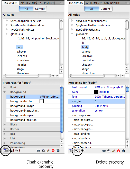 The Properties pane's two other views aren't as streamlined or as easy to use as the "Show only set properties" view pictured in Figure 8-4. You add new properties in these views by simply typing a value in the empty box to the right of the property name—in the panel pictured here on the left, for example, type a value in the empty box to the right of "background-color". However, since these views aren't the fastest way to edit CSS, you're better off not using them. On a side note, you can click the Delete button to remove a property from a style, and the Disable/Enable button to turn a property off or on—a useful tool to quickly see how one property effects the appearance of an element on a page.