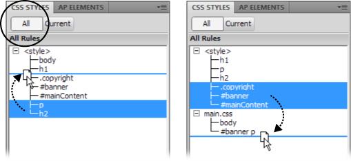 In the CSS Styles panel, you can drag styles to different locations within a style sheet (left). In this case, dragging the styles below the h1 style groups all the basic tag selectors (body, h1, p, and h2) together. You can also drag styles between style sheets to move a style from one sheet to another. In the Styles panel on the right, you're moving three styles from an internal style sheet to a CSS file named main.css.