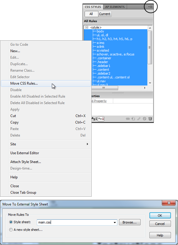 Moving internal styles to an external style sheet is a two-step process. First, select the styles you want to move and right-click to select "Move CSS Rules". Second, tell Dreamweaver which style sheet to move the style to. You can also access the "Move CSS Rules" option from the Option menu on the CSS Styles panel (circled). You can use this same technique to take one really long external style sheet file and move related styles into several, smaller CSS files.