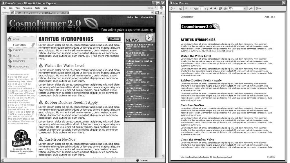 When you print a web page, you really don't need navigation links or information unrelated to the topic at hand (left). Create a print style sheet to eliminate unnecessary content and format the page so it prints well (right).