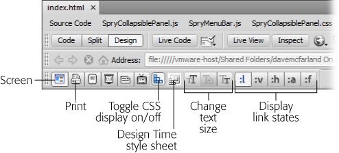 The Style Rendering toolbar lets you see styles that match the media type you selected when you attached the style sheet to the page. The toolbar also includes buttons to attach a Design Time style sheet (see the box on page 326) and to hide all the styles. This last option is particularly useful when you create complex CSS-based designs, which can sometimes make selecting and editing HTML difficult. Click the "toggle CSS display" button to temporarily hide the styles and display just the simple, unadorned HTML.