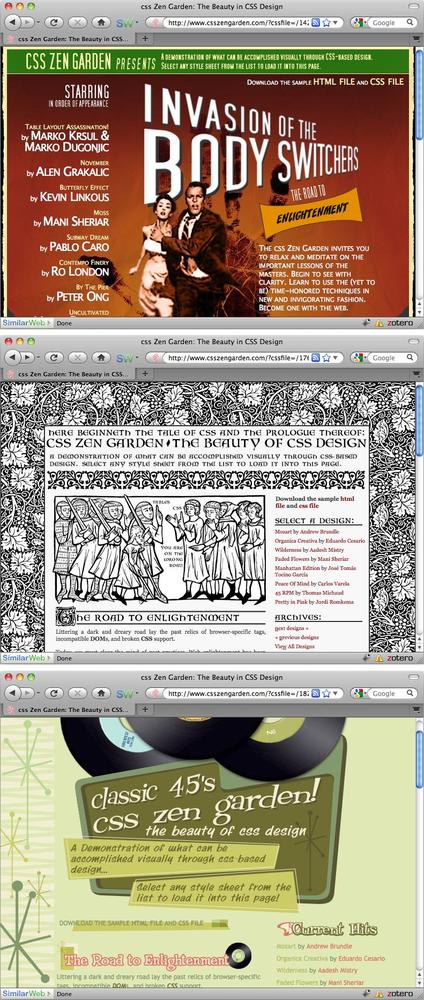 CSS Zen Garden (www.csszengarden.com) is the original showcase for CSS layout. Although the designs haven't been updated in a while, in its day it caused many a web designer to bow down and proclaim, "I'm not worthy, I'm not worthy." The site not only demonstrates great design, it shows you the power of CSS-based layout. Each page includes the same content and the same HTML. The only difference among them is their external style sheets and graphics. Making drastic visual changes to an old table-based layout required a lot of tinkering with the underlying HTML. CSS, by contrast, lets you redesign sites without rewriting any HTML.