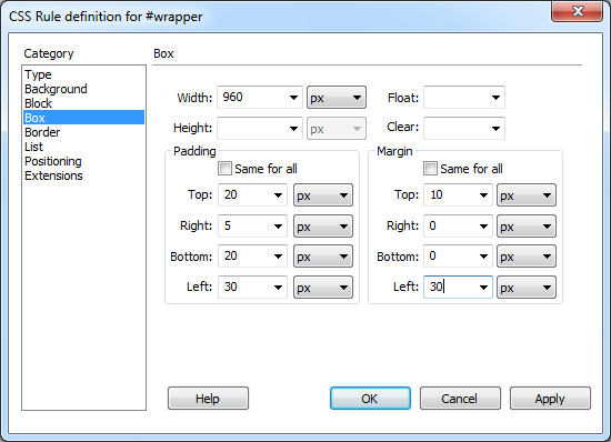 Use the Box category to define the dimensions of a style, to position an object on the page, and to add space between the styled object and the objects around it.