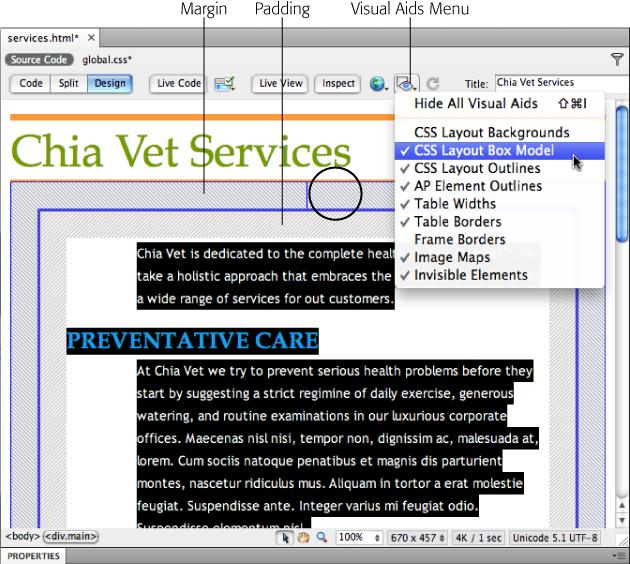 In addition to displaying the space occupied by margins and padding, the CSS Layout Box Model's visual aids indicate the <div> tag's vertical and horizontal center point (circled in this figure).