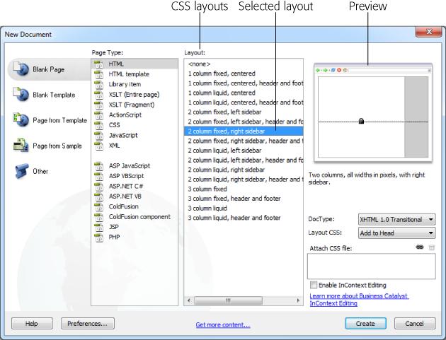 This dialog box lists Dreamweaver's different types of ready-made CSS Layouts. For example, "2 column fixed, right sidebar" indicates a design with 2 columns: the main content column on the left, and a thinner sidebar (for supplementary info like links) on the right. The design also sports a fixed width and has no header or footer. A preview of the selected layout appears in the top right of the window; a short description below the preview provides more detail on how the layout works.