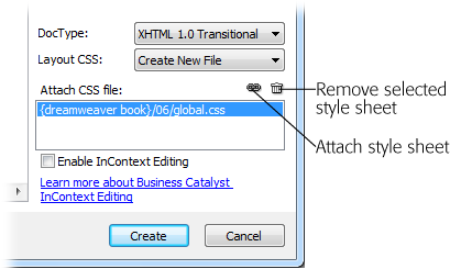 You can attach more than one external style sheet when you create a CSS-based layout: One style sheet might define the basic look of headlines, text, images, and other elements, another might control column layout, and a third, "printer" style sheet, might dictate how the page will look when printed (see "Styling for Print" on page 320).