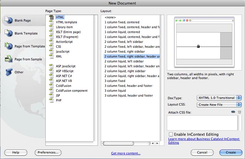 Dreamweaver provides 16 CSS layouts organized by the number of columns each layout has.