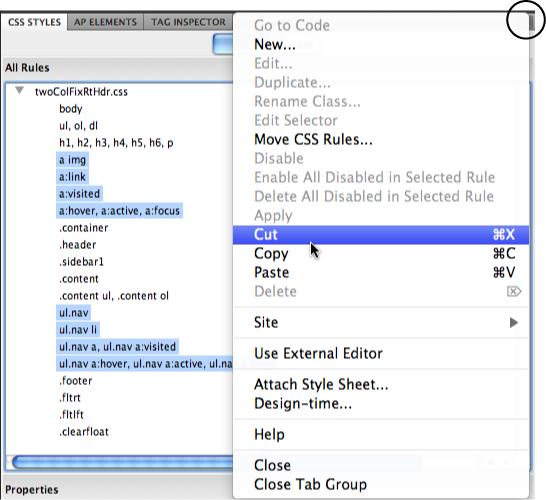 You can select multiple styles in a style sheet—but only when you select the All button at the top of the CSS styles panel. You can then move the styles to another style sheet as described on page 306, or delete them by pressing the delete key or choosing Cut from the panel's context menu.