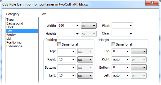 The Rule Definition window's Box category lets you control the width of an element. It also lets you set the space that surrounds the element (margin) and the space inside the element (padding).