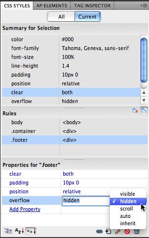 A floated element can sometimes appear to pop out of the bottom of a tag it's inside—this phenomenon can lead to display problems like the one mentioned in step 13. You can fix this several ways. One obscure method is to simply add an overflow property to the tag that wraps around the floated element, and set that overflow to "hidden". You can read more about this weird solution at www.quirksmode.org/css/clearing.html.