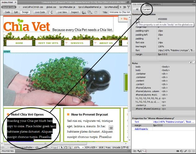 The Current View of the CSS Styles panel is one of Dreamweaver's greatest features. After you select a tag on a page, you see a list of all the properties that format your selection in the Summary (top) pane, and a list of all styles affecting the selection in the Cascade (middle) pane. However, you only get the Cascade view if you have the cascade button (the stair-step icon in the top-right of the middle pane) selected. Make sure you select it, since the other button (which is Dreamweaver's normal choice) isn't very useful.