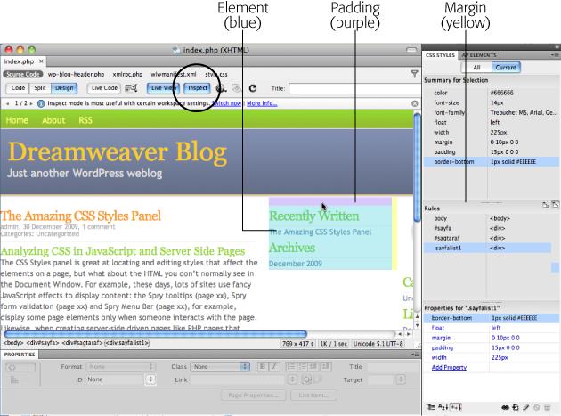 Dreamweaver CS5's new Inspect mode is a great way to see which CSS styles affect which elements on a page. It's especially useful for pages with a lot of JavaScript-created page elements (like drop-down menus or tooltips), or pages that include server-side programming, like PHP files. This figure shows a blog post made with the popular WordPress blogging system. In WordPress and other "content management systems" like Joomla and Drupal, web "pages" aren't individual files like the ones you've been building in this book, they're dynamically created screens that pull information from a database and construct the HTML on the spot. Live View lets you see what a page created with server-side programming looks like in a browser; Inspect mode lets you analyze the CSS that formats the different parts of the page, like the sidebar pictured here.