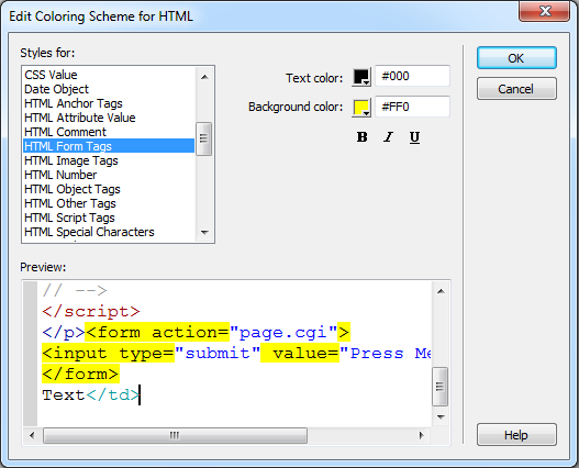 From the Preferences window (Edit→Preferences in Windows, Dreamweaver→Preferences on a Mac), you can control the color that Dreamweaver uses to display HTML and script code in Code view. To do so, select the Code Coloring category. Then select the type of document—HTML, CSS, PHP, or whatever—and click Edit Coloring Scheme. In the Edit Coloring Scheme window (shown here), select an item whose color you want to change—Library Item or HTML Form Tags, for example—and set a text and/or background color using the color boxes. You can also make the code bold, italic, or underlined using the appropriate formatting buttons.