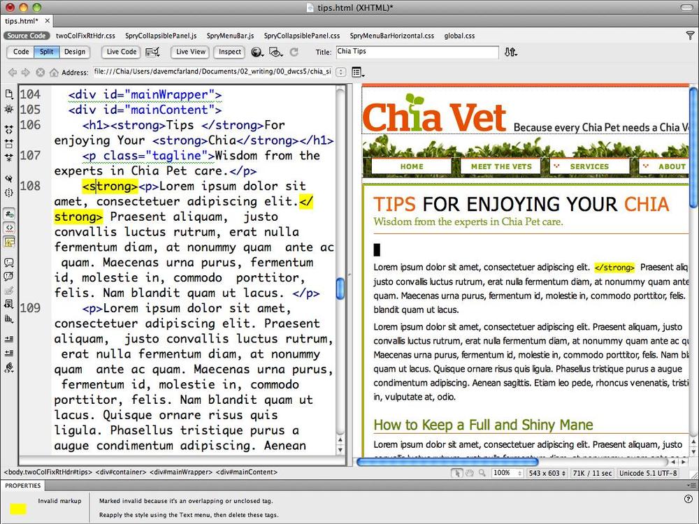 Dreamweaver highlights incorrect HTML in bright yellow in Code view (like the <strong> tags in this figure). If you click the yellow area, the Property inspector reveals the mistake. In this case, a tag is improperly nested—part of it lies outside the <p> tag. (In Design view, on the other hand, Dreamweaver indicates mistakes by showing the HTML tag—</strong> for example—in front of a bright yellow background.)