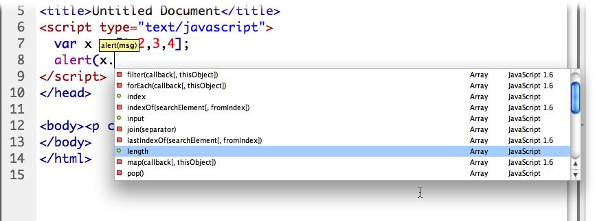 Code hints for Java-Script include a pop-up description tooltip—alert(msg) in this picture—that shows the basic syntax for commands. In this example, it shows that the JavaScript alert function (which opens a small window) requires one piece of information (an "argument," for you programming types), the text that should appear in the window, represented by "msg" in the tooltip.