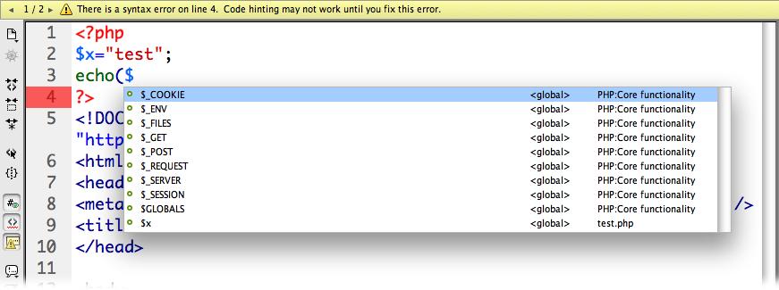 Dreamweaver is pretty unforgiving of syntax errors (typos or missing punctuation) in PHP code. Most of the time, you'll start typing PHP code and Dreamweaver displays a yellow "there is a syntax error" bar along with a red mark at the point it thinks you made an error. Don't worry, this happens a lot as you program; the important thing is that, once you finish, there's no syntax error message. If there is, you probably left off a closing ), }, ', or ".