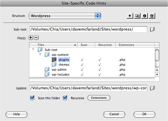 To add the function names, class names, and variable names you use in your site's PHP code to Dreamweaver's Code Hint feature, you need to choose Site→Site-Specific Code Hints and tell Dreamweaver which files and folders to scan.