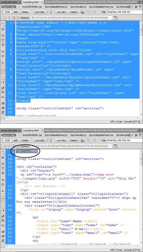 Now you see it, now you don't. You can collapse a multiline section of code (top) into a compact little gray box (circled in the bottom image). The collapsed code is still there in your page—you haven't deleted it—but now it's conveniently tucked out of sight. If you need a reminder of what the code is, move your mouse over the gray box and a tooltip displays the hidden code.