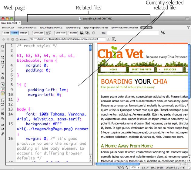 The Related Files toolbar is a big help for JavaScript programmers, server-side programmers, and those who like to code their CSS by hand. The toolbar gives you instant access to any CSS or programming file included in the current web page, so you can quickly summon and edit CSS, JavaScript, or server-side programming. That saves you a trip to the Open File dialog box and the need to hunt and peck through your file system to find the correct file.