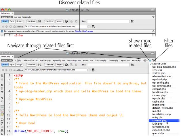 With PHP pages, you need to click the Discover link (top image) to find all related PHP files. You can then work on a related file by clicking its name in the Related Files toolbar, or if there are a lot of files, by clicking the Show More button (bottom image).